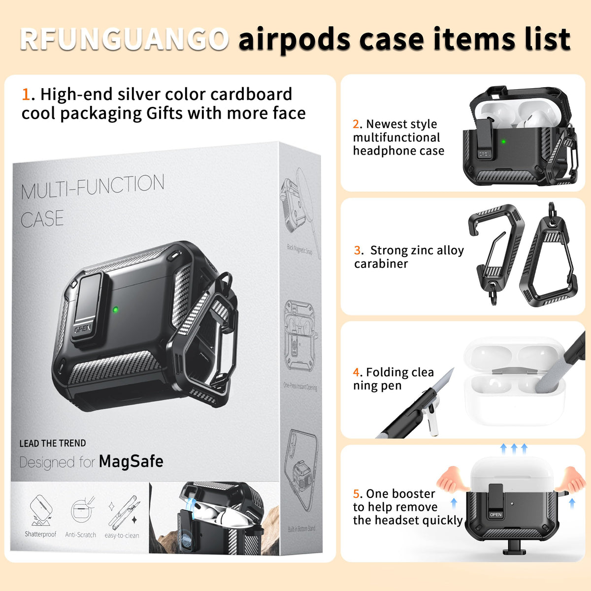 RFUNGUANGO AirPods Pro 2 case on table silhouette, travel-ready.