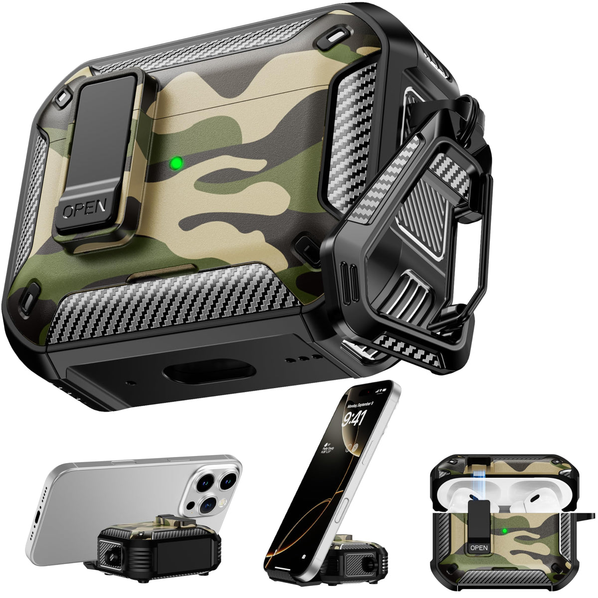 RFUNGUANGO AirPods Pro 2 case front view in camouflage offering rugged protection.