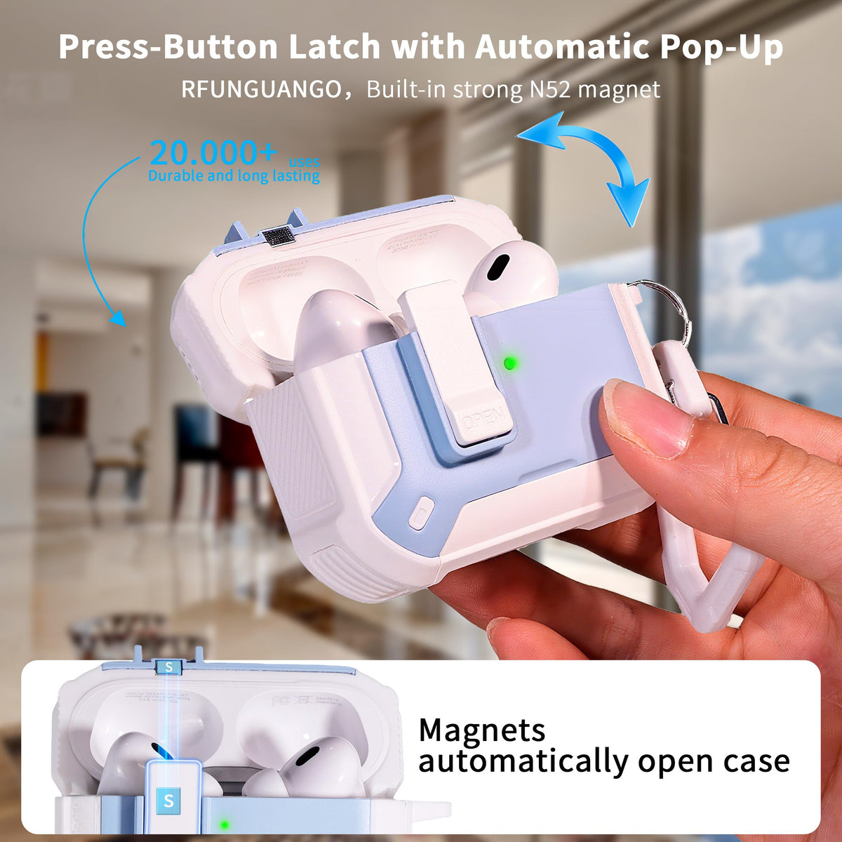 RFUNGUANGO AirPods Pro 2 case includes a keychain for easy attachment.