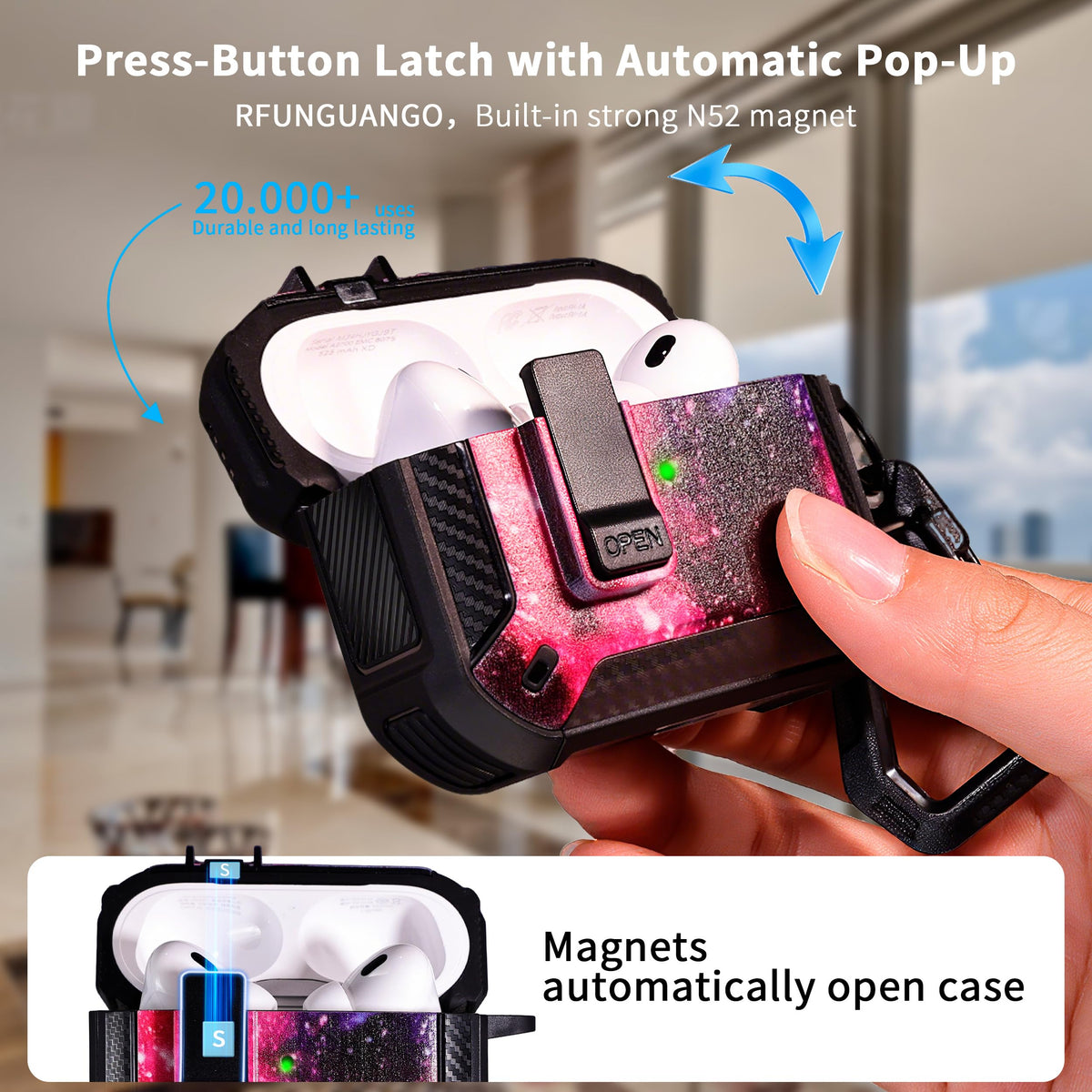 RFUNGUANGO AirPods Pro 2 case with built-in phone holder for hands-free viewing.