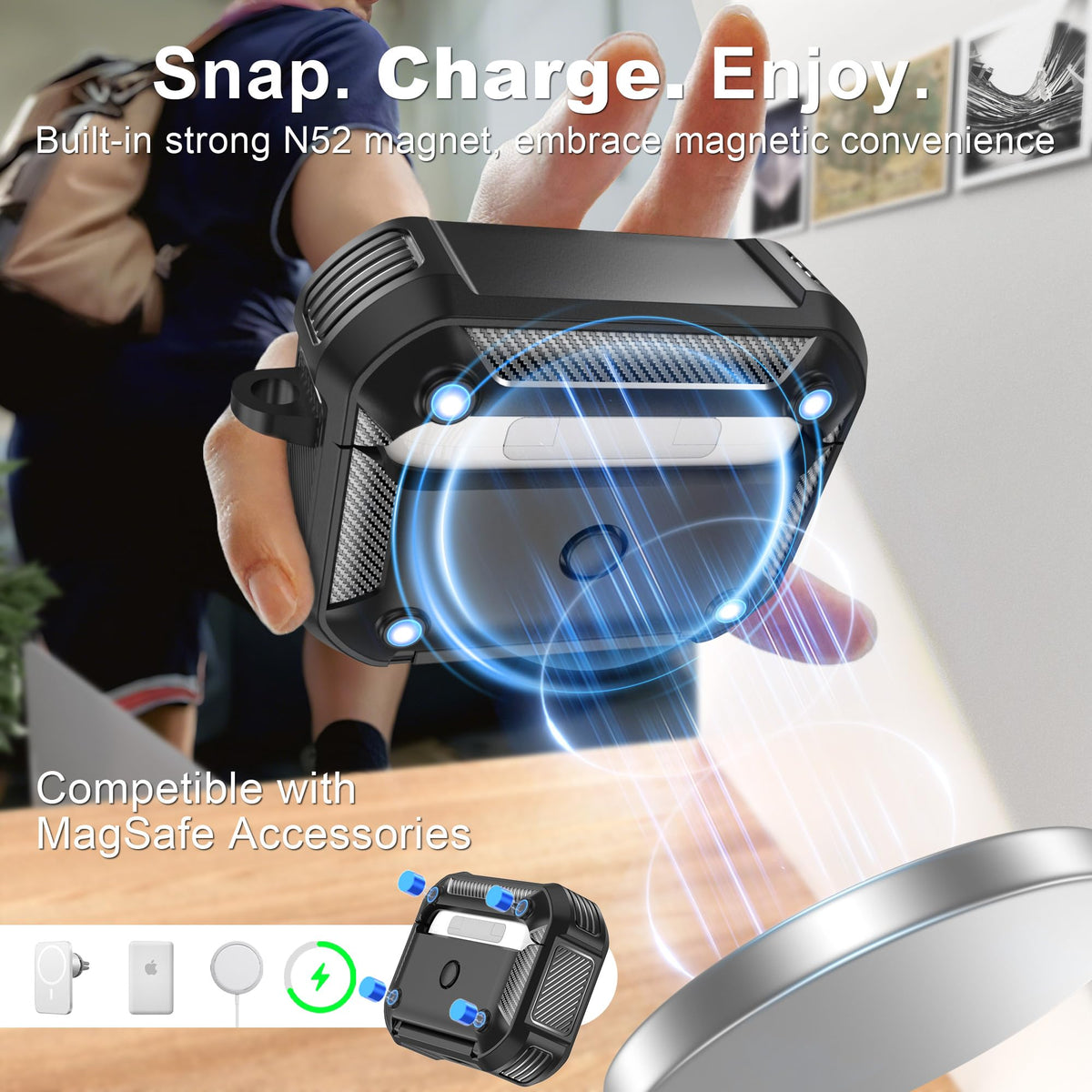 RFUNGUANGO AirPods Pro 2 case with built-in phone stand for hands-free viewing.