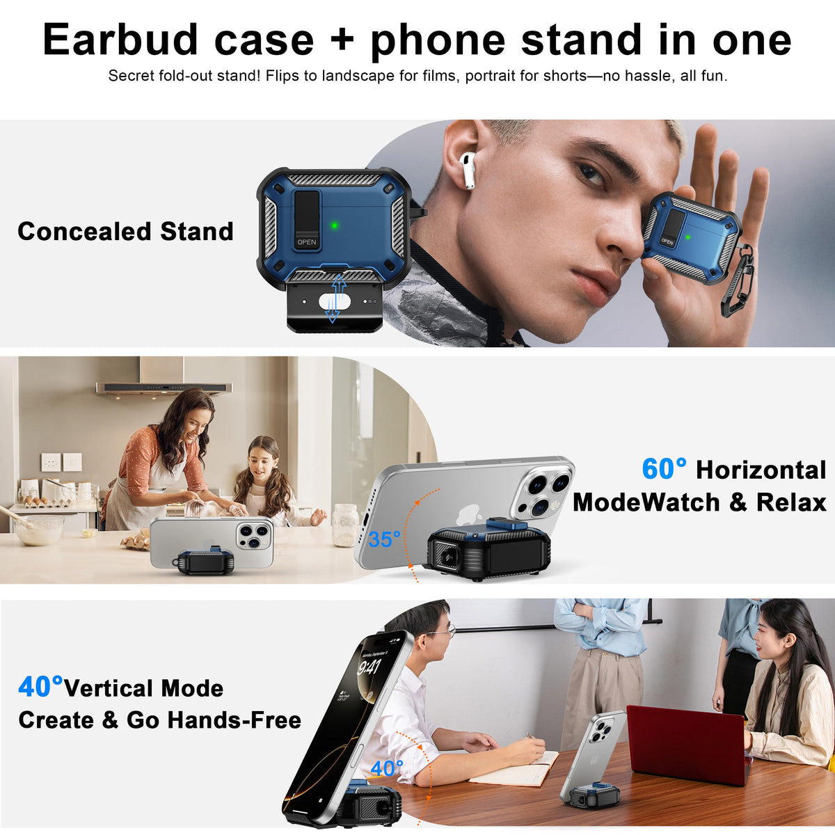 RFUNGUANGO AirPods Pro 3 case blue highlights MagSafe compatibility for easy charging.