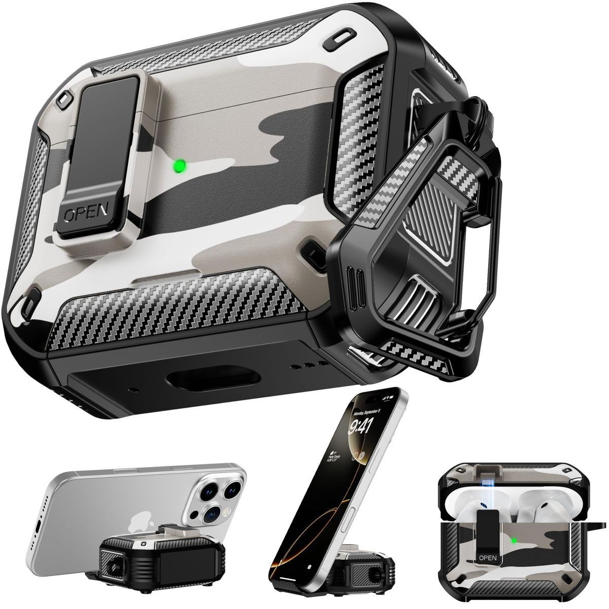 RFUNGUANGO AirPods Pro 3 case in camo snow front view for rugged protection.