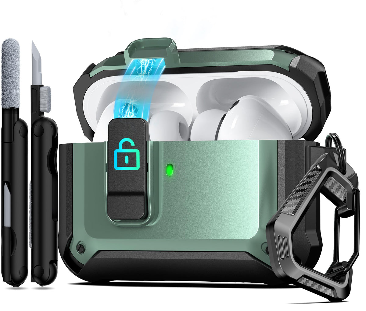 RFUNGUANGO AirPods Pro 3 case in green with safety lock protects against drops and scratches.