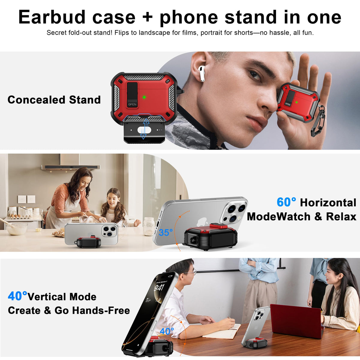 RFUNGUANGO AirPods Pro 3 case red with carabiner for on the go attachment.