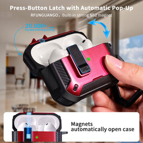 RFUNGUANGO AirPods Pro 3 case red featuring built in phone stand for hands free viewing.