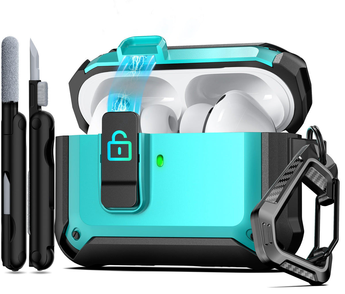 RFUNGUANGO AirPods Pro 3 Case in teal with magnetic lid for quick access.