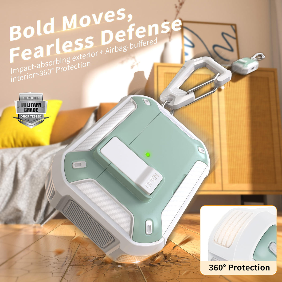 RFUNGUANGO AirPods Pro mint green case showing automatic lock feature.