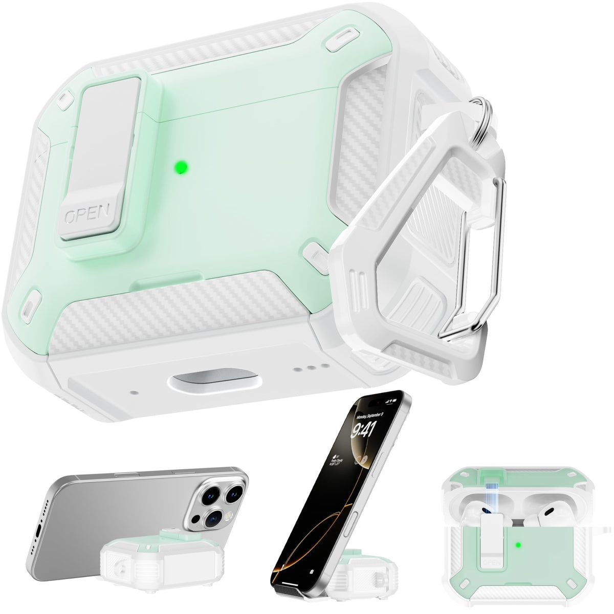 RFUNGUANGO AirPods Pro mint green case front view with secure lid protection.