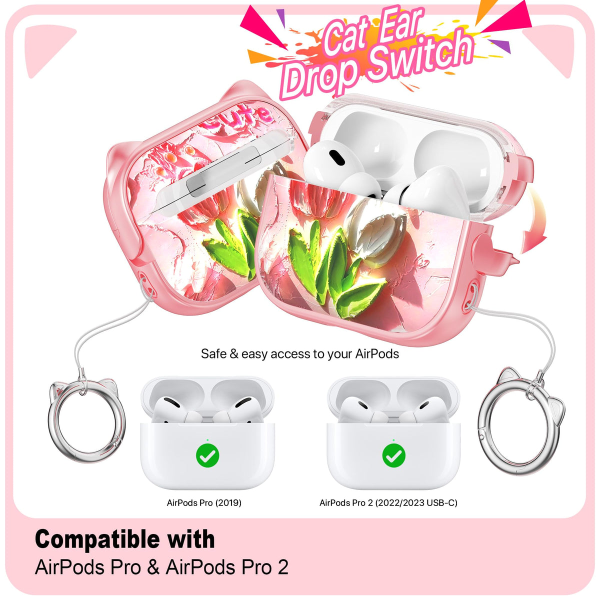 RFUNGUANGO AirPods Pro Case Pink Tulip lock-system keeps case securely closed