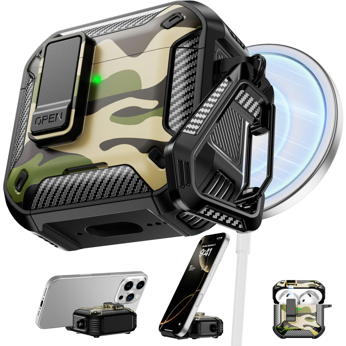 RFUNGUANGO AirPods 4 case in camo snow, front view showing rugged protection