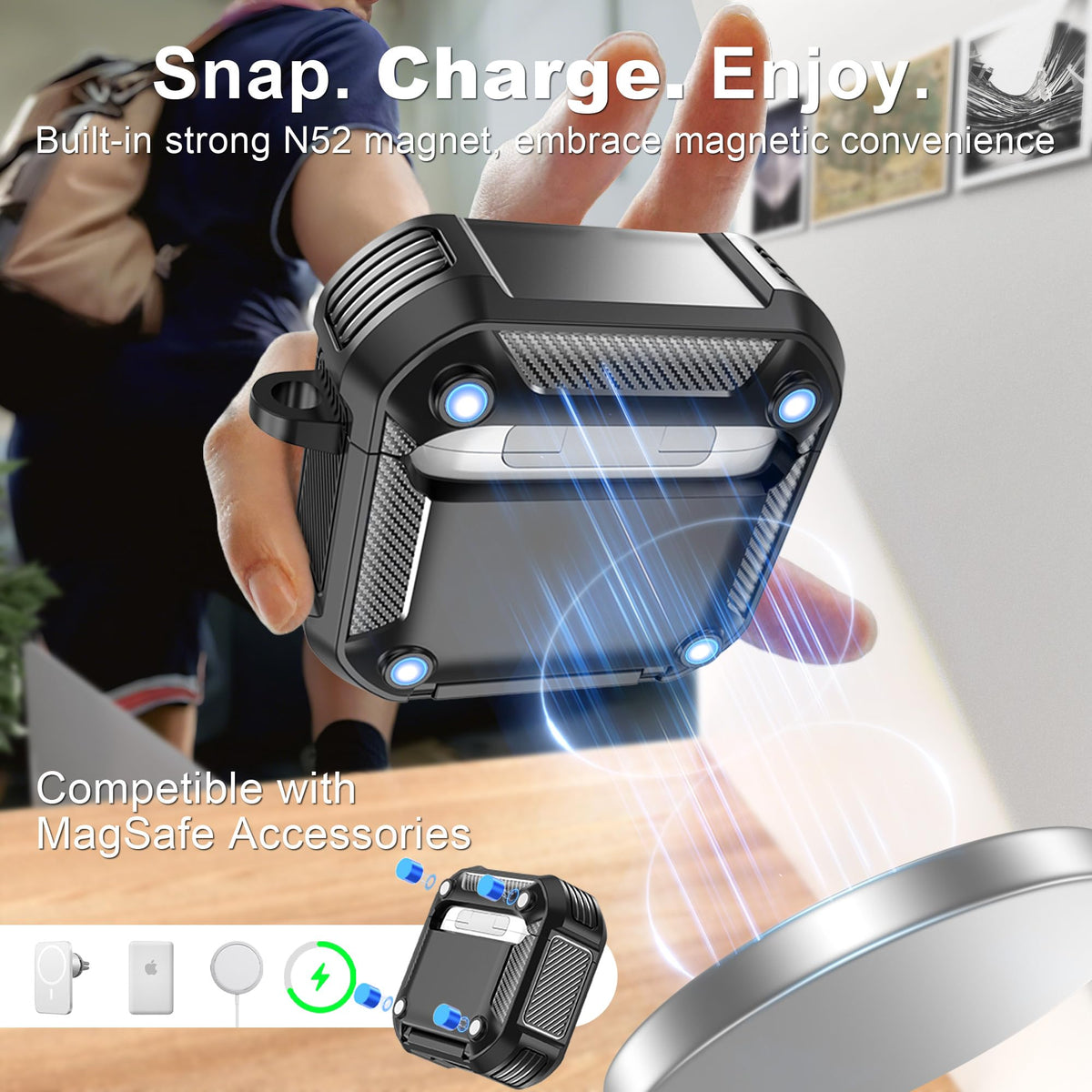 RFUNGUANGO AirPods 4 case with MagSafe ready back magnets for easy charging.