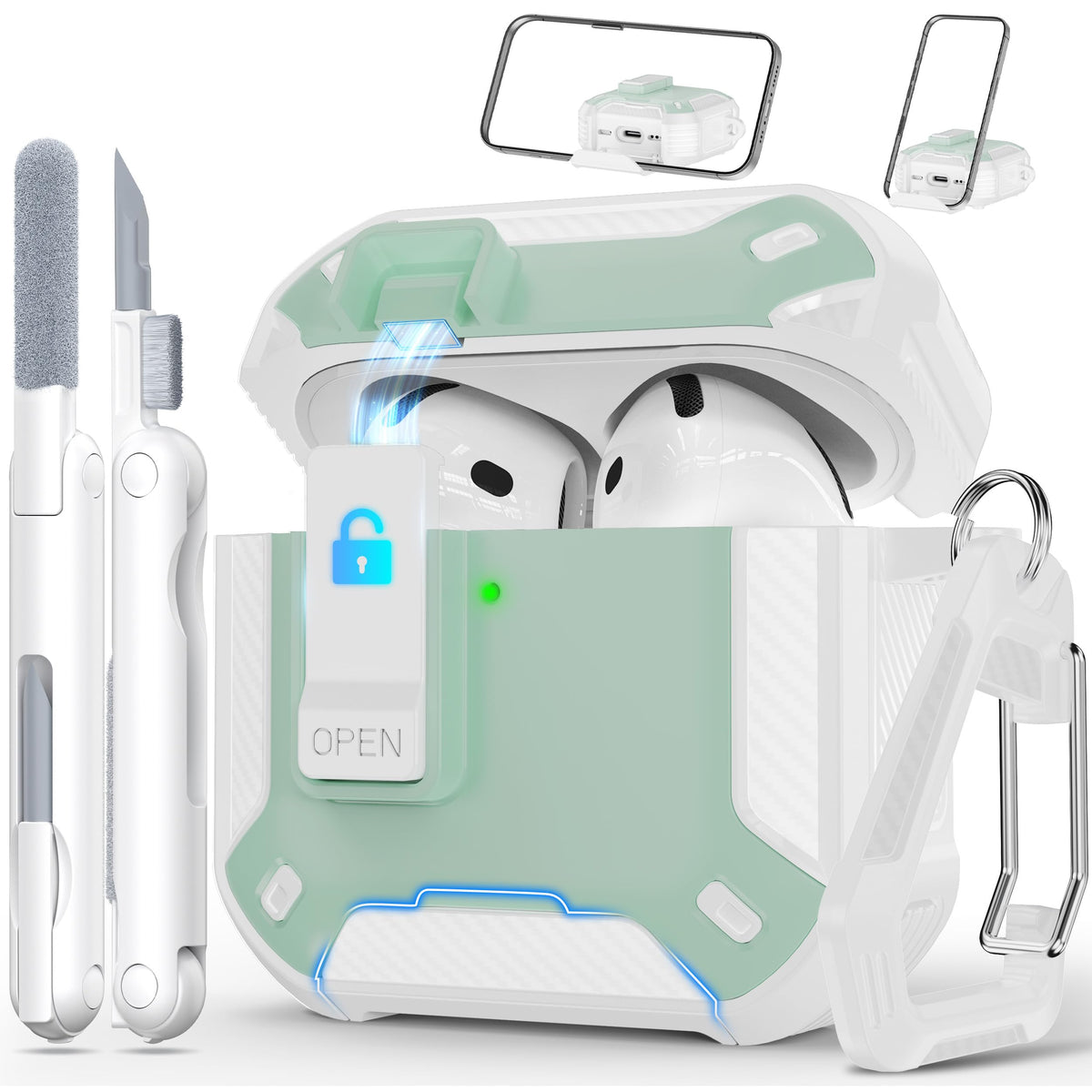 RFUNGUANGO AirPods 4 Mint Green case with built-in lock and stand