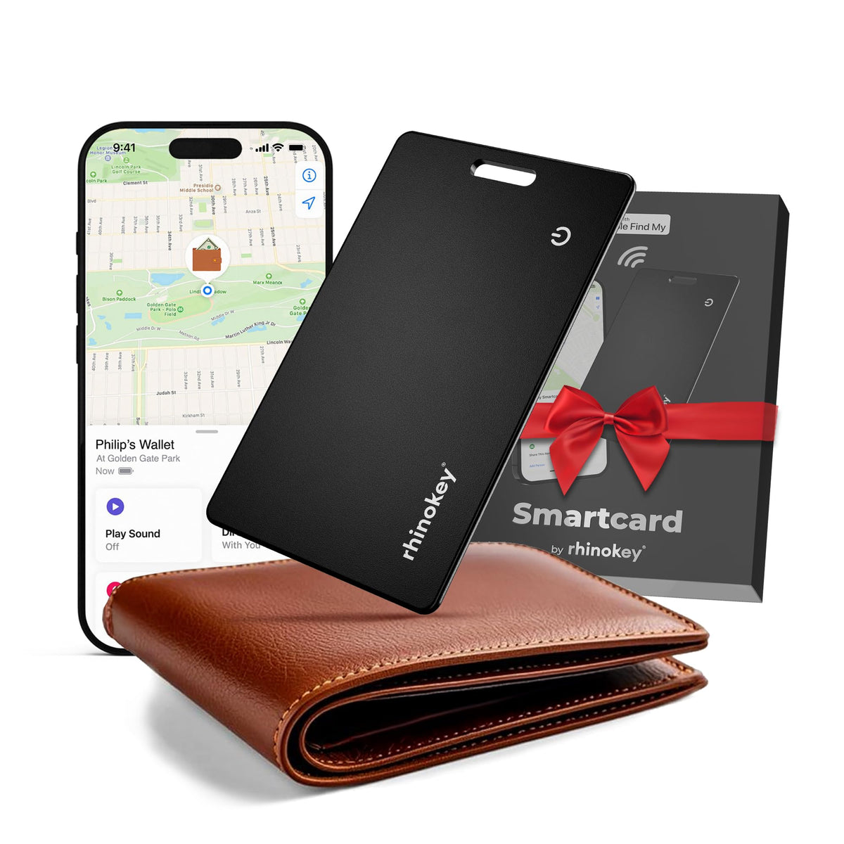 Rhinokey wallet tracker card with Apple Find My integration for fast item location.