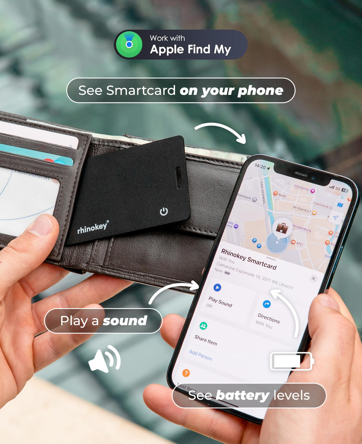 Rhinokey ultra-slim wallet tracker 0.07in fits easily in any card slot.