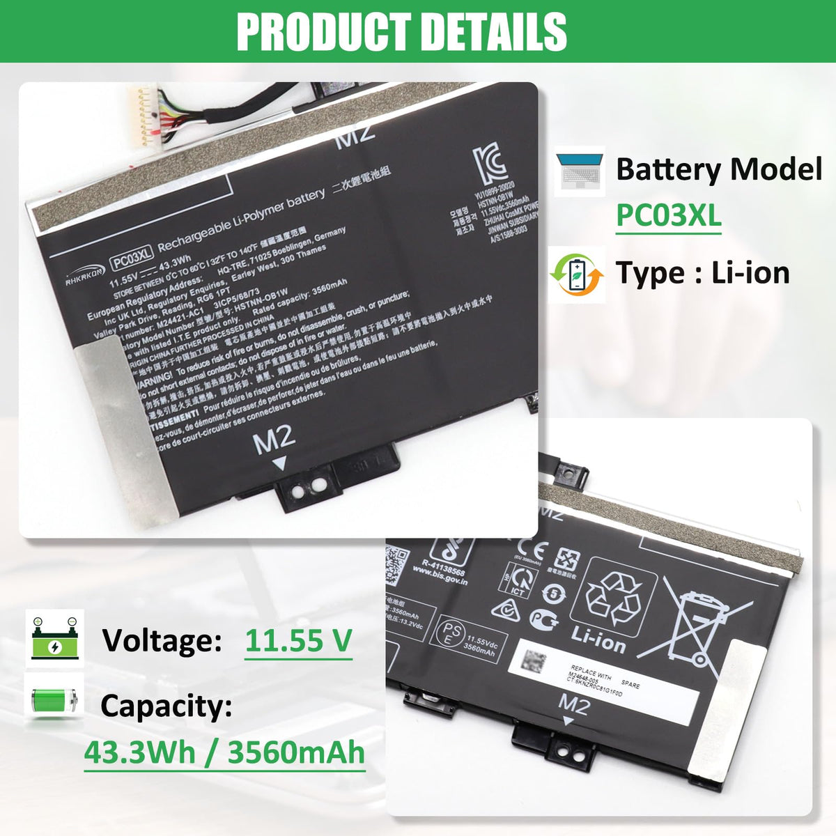 RHKRKQN PC03XL label close-up confirming model and compatibility benefit