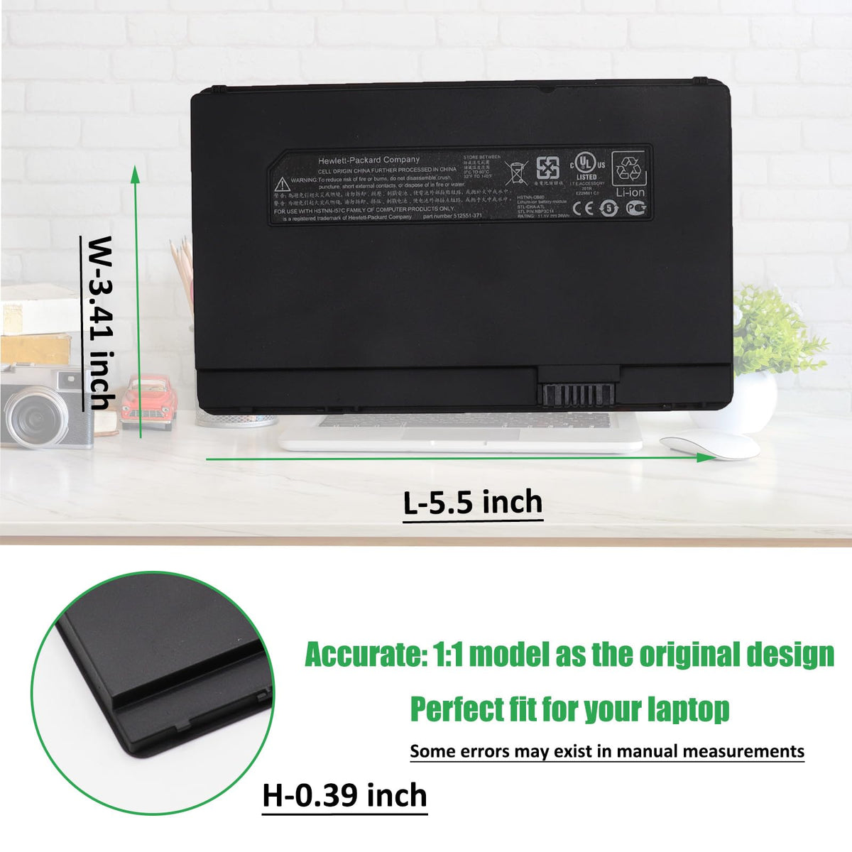 RHKRKQN battery next to a credit card showing compact size benefit