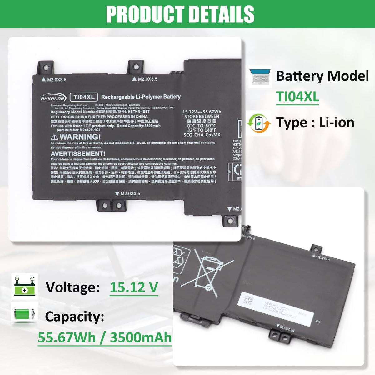RHKRKQN TI04XL top label close-up showing specs for safe replacement