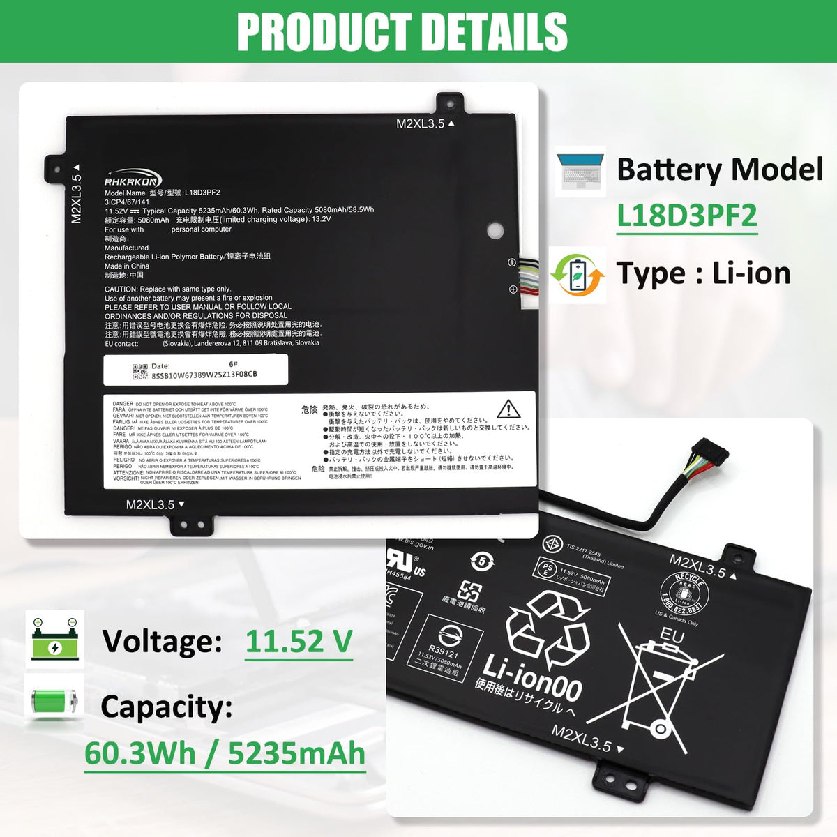 RHKRKQN top label close-up on L18M3PFA battery for accurate model matching benefit