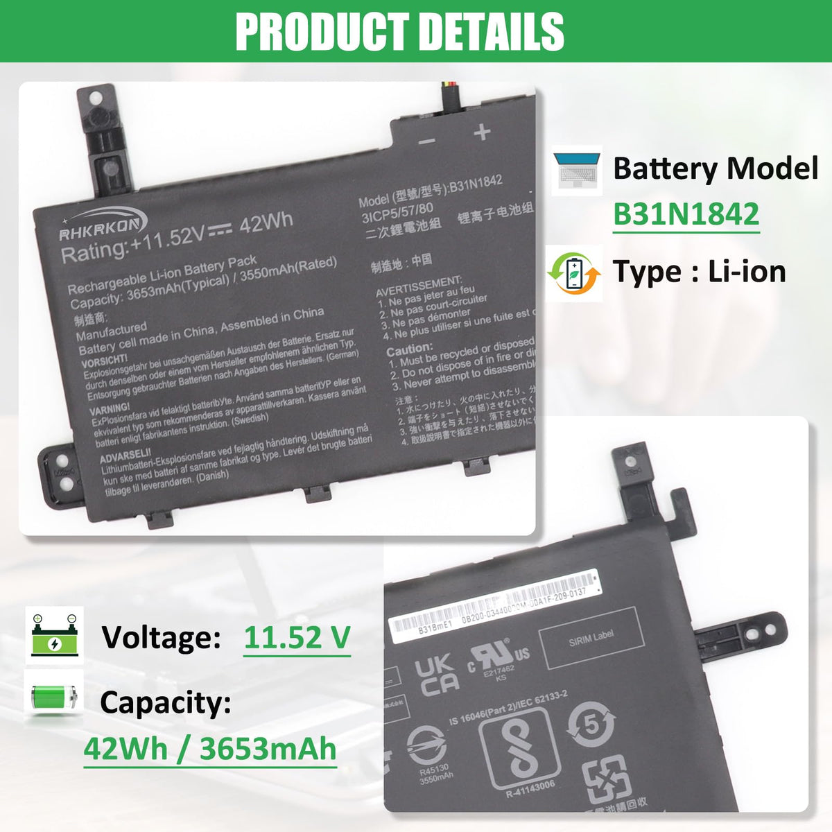 RHKRKQN label closeup displaying B31N1842 specs for accurate fit verification