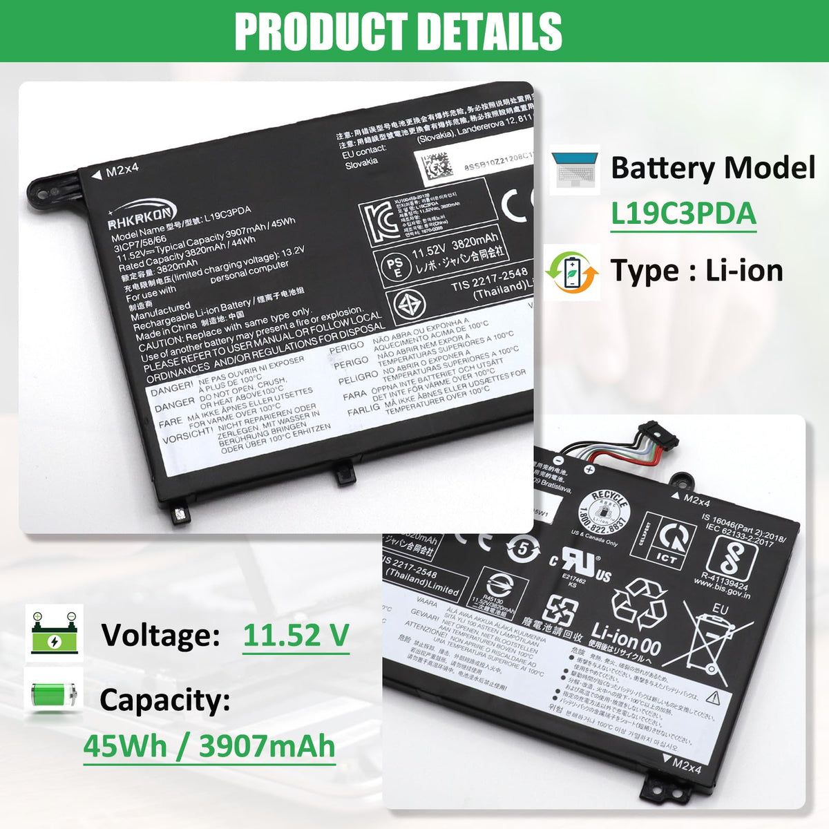 RHKRKQN battery label closeup confirming model and specs