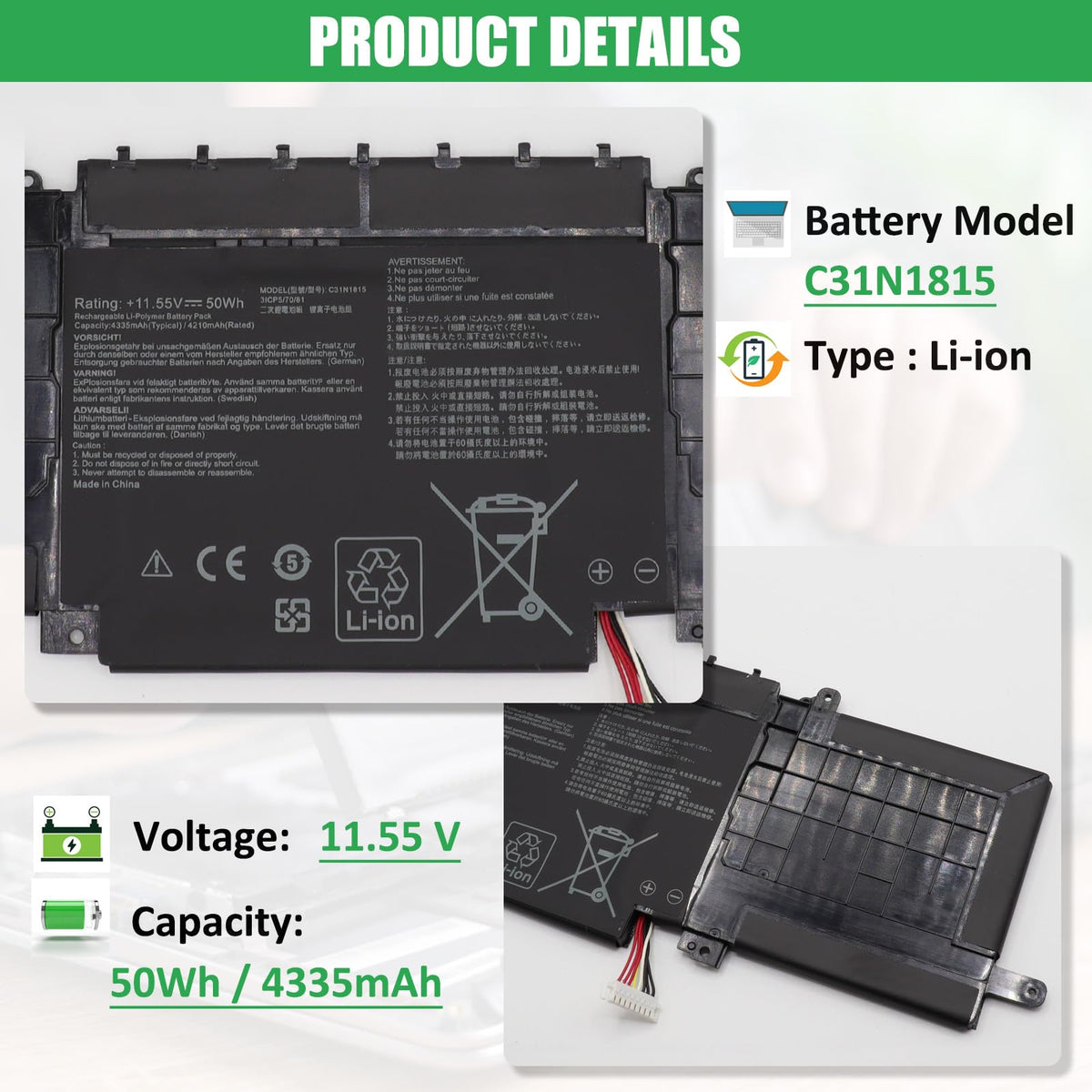 RHKRKQN battery label closeup showing model C31N1815 and accurate specs