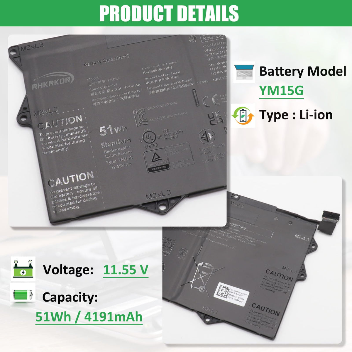 YM15G battery label info showing model and safety details