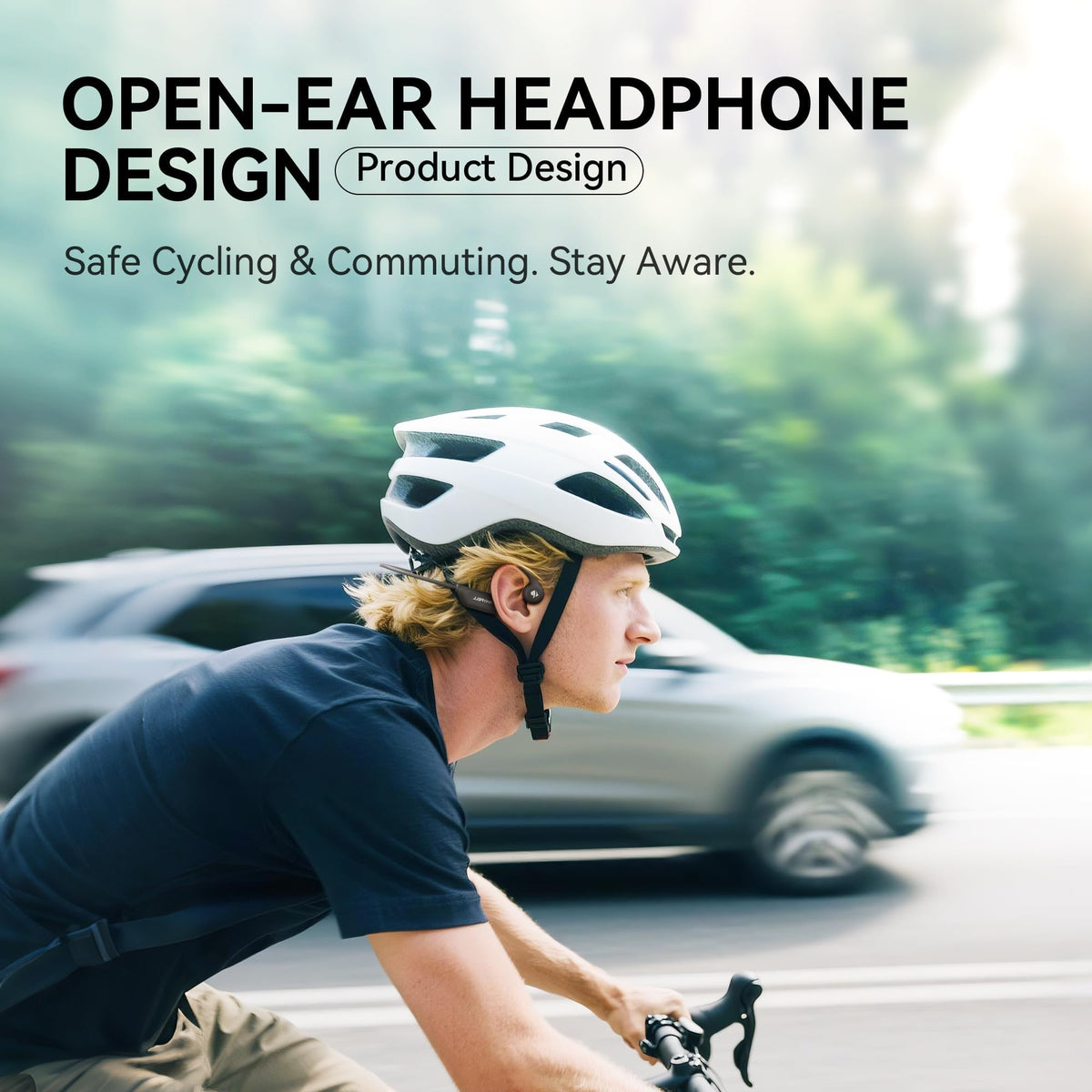 Rhyfell open-ear headphones showing up to 8 hours of playtime with USB-C charging