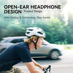 Rhyfell open-ear headphones showing up to 8 hours of playtime with USB-C charging
