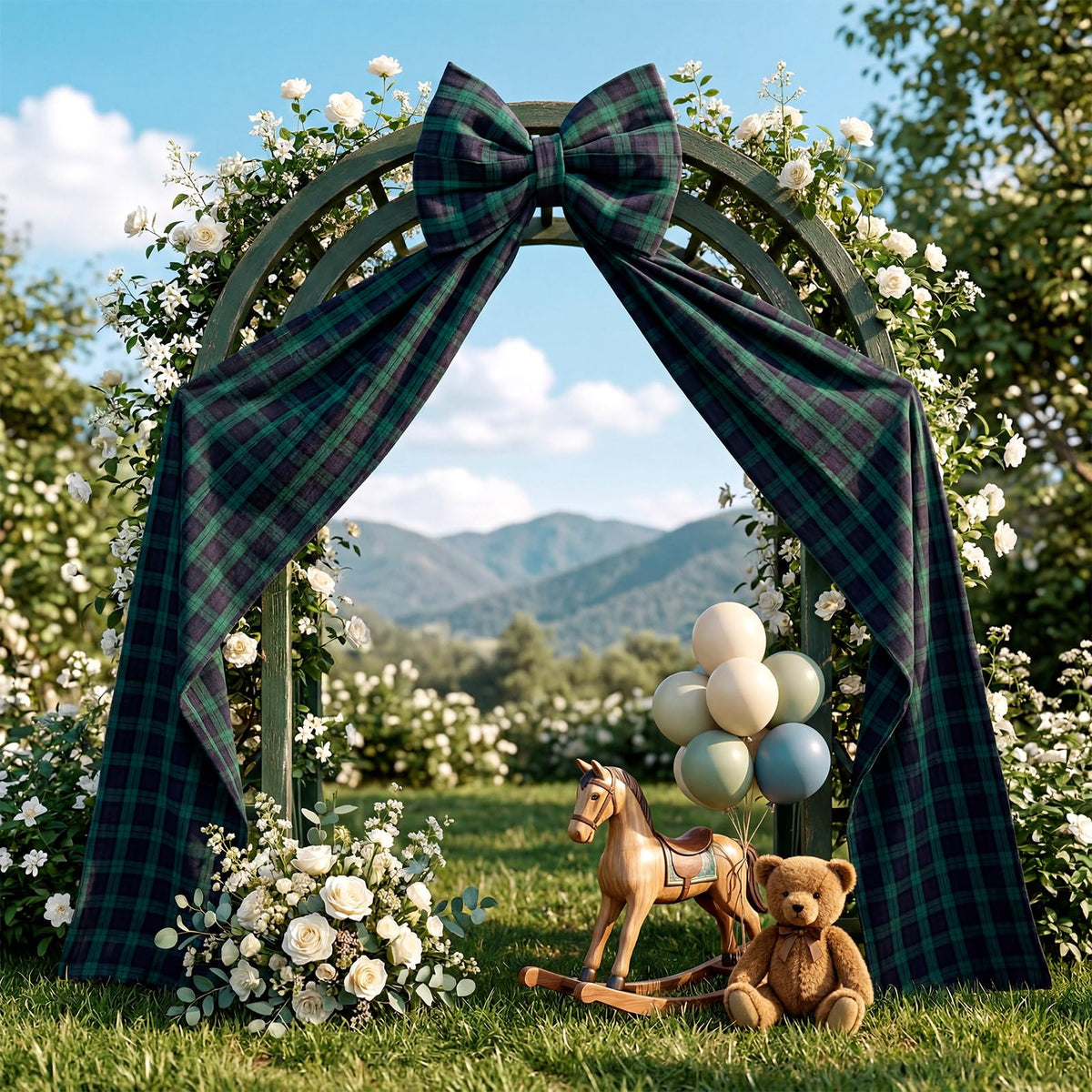 Riceshoot giant tartan bow in blue-green creates a bold backdrop for events