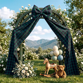 Riceshoot giant tartan bow in blue-green creates a bold backdrop for events
