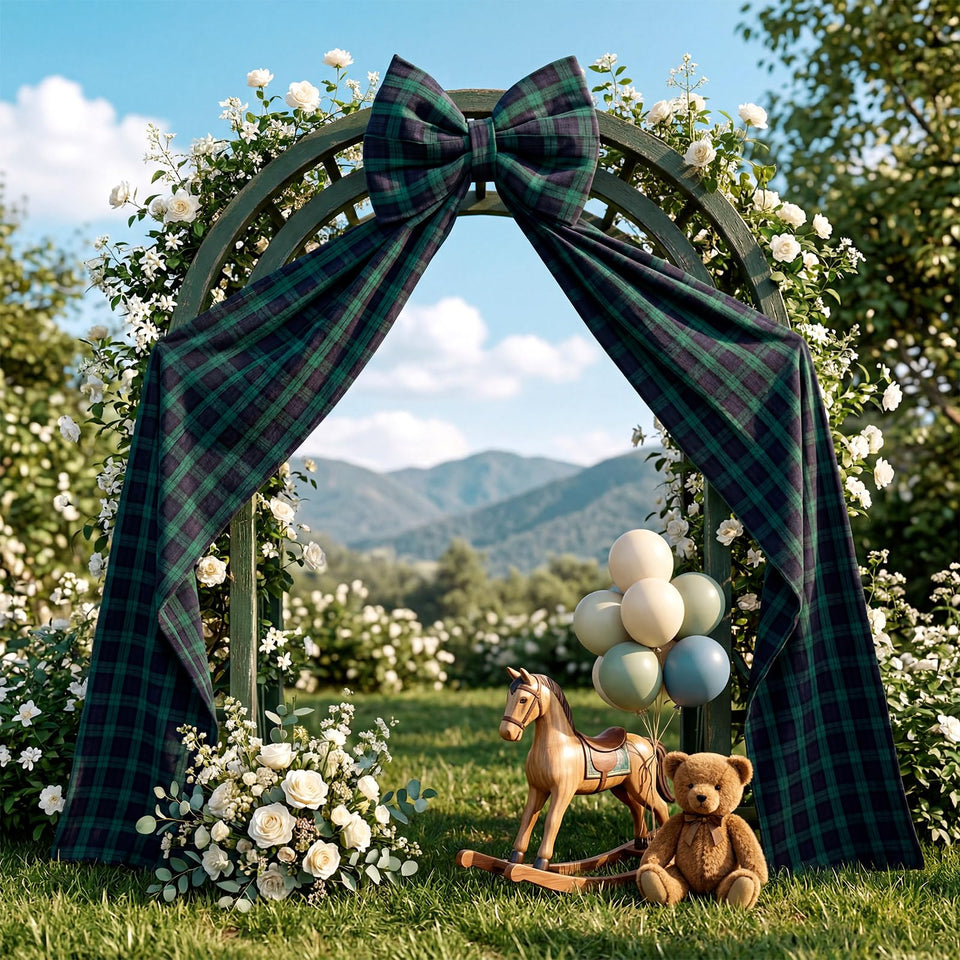 Riceshoot giant tartan bow in blue-green creates a bold backdrop for events