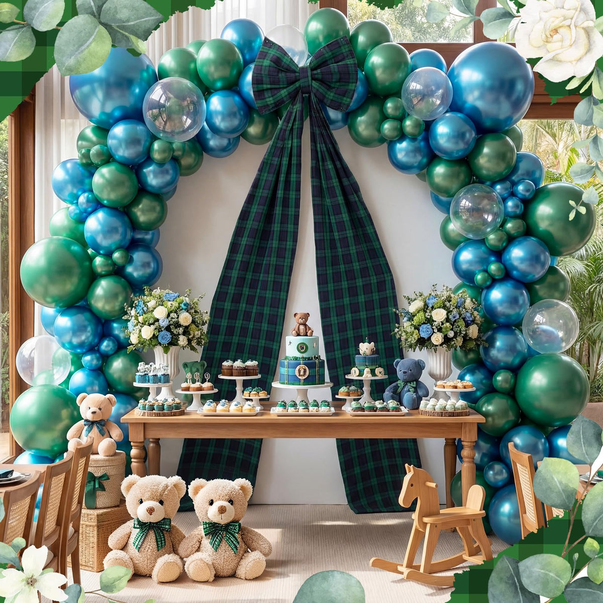 Riceshoot plaid wall bow backdrop in blue-green ideal for festive room decor