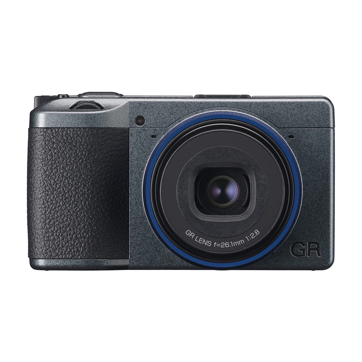 Ricoh GR IIIx Urban Edition metallic gray body with navy ring cap for street photography grip.