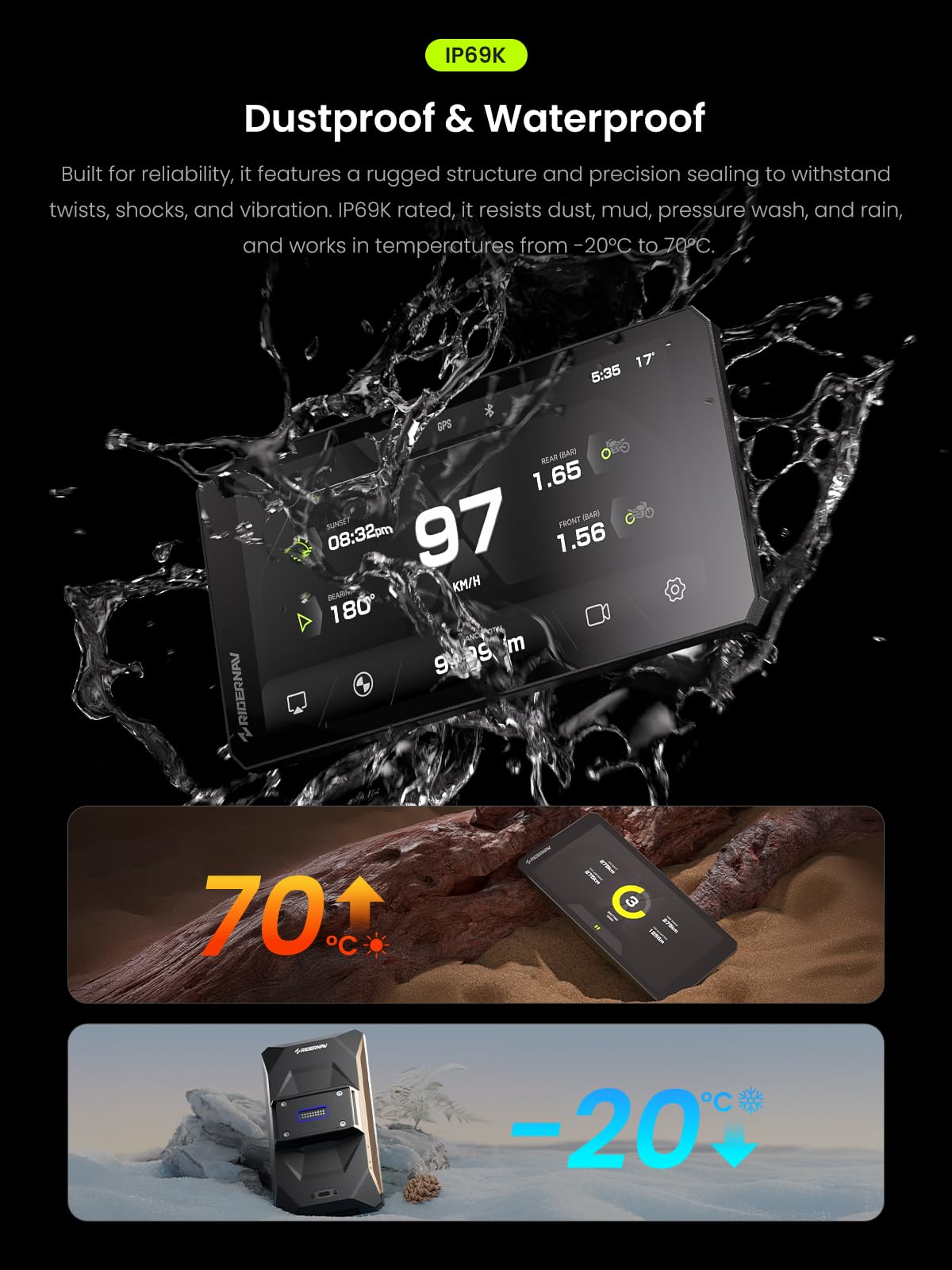RIDERNAV R7M IP69K durability against dust and water during rides