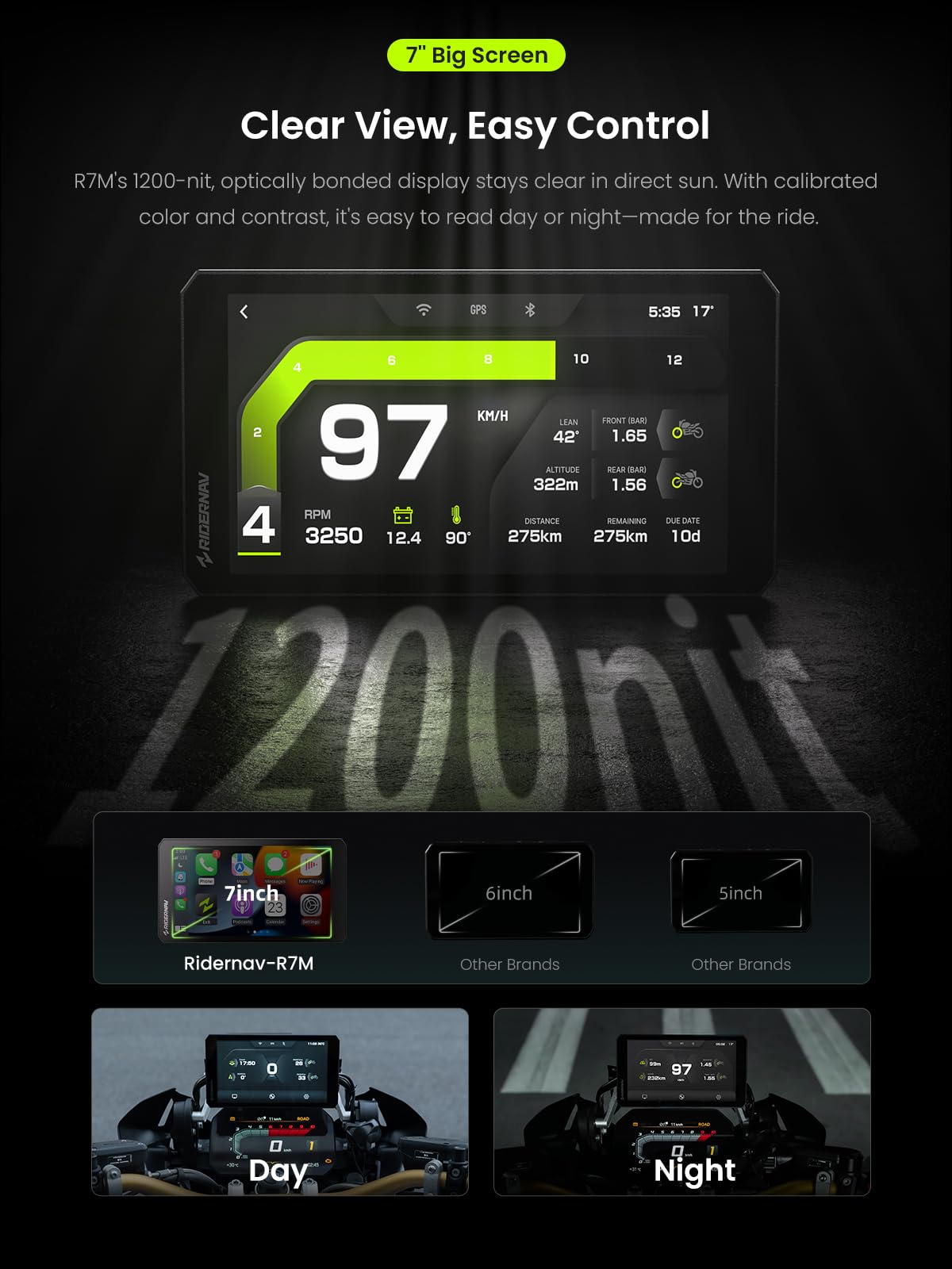 RIDERNAV R7M ride dashboard UI with glove-friendly controls and clear data