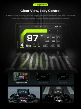 RIDERNAV R7M ride dashboard UI with glove-friendly controls and clear data
