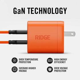 The Ridge close-up of dual USB-C ports and label, clear device compatibility details