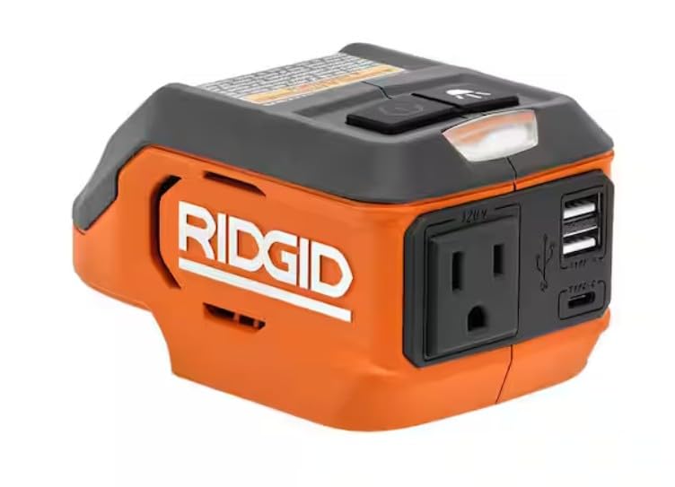 RIDGID inverter front view showing outlet and compact design for convenient charging