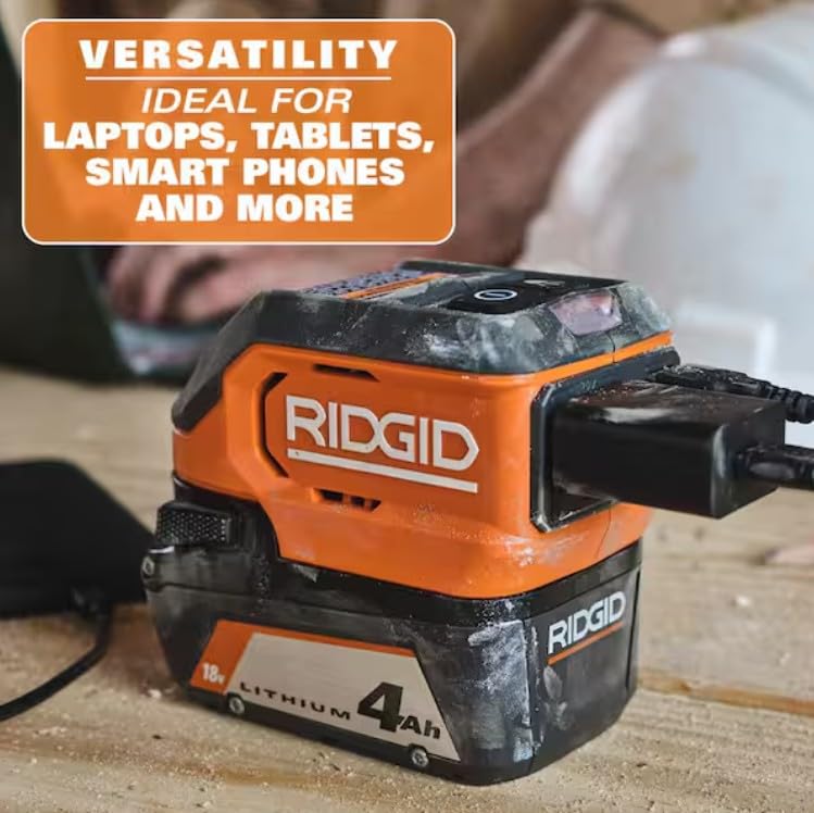 RIDGID inverter attached to 18V battery demonstrating instant portable power