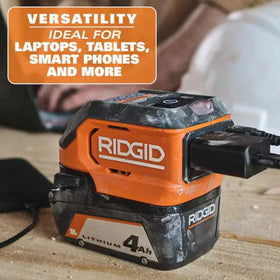 RIDGID inverter attached to 18V battery demonstrating instant portable power
