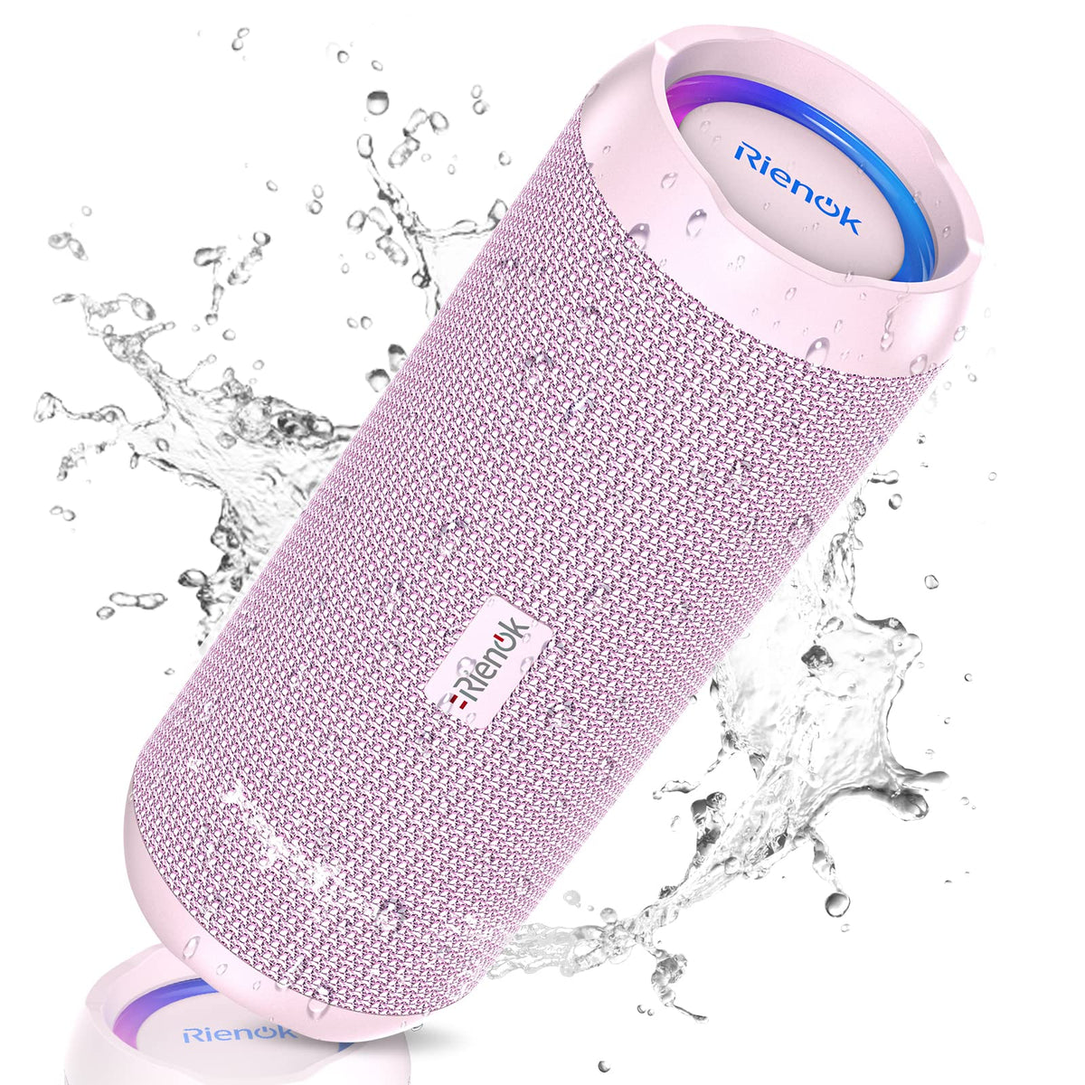 RIENOK speaker front view showing compact design and brand for portability