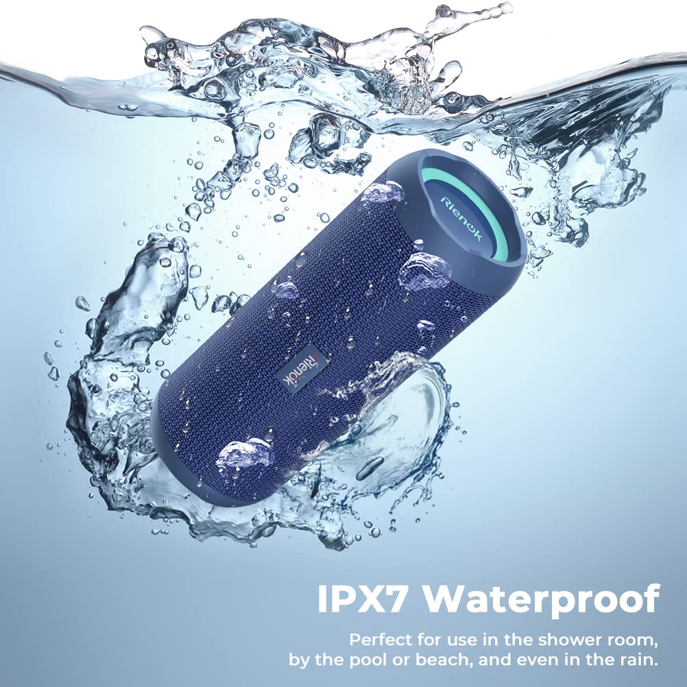 RIENOK by a pool showing water resistance and safe outdoor listening benefit