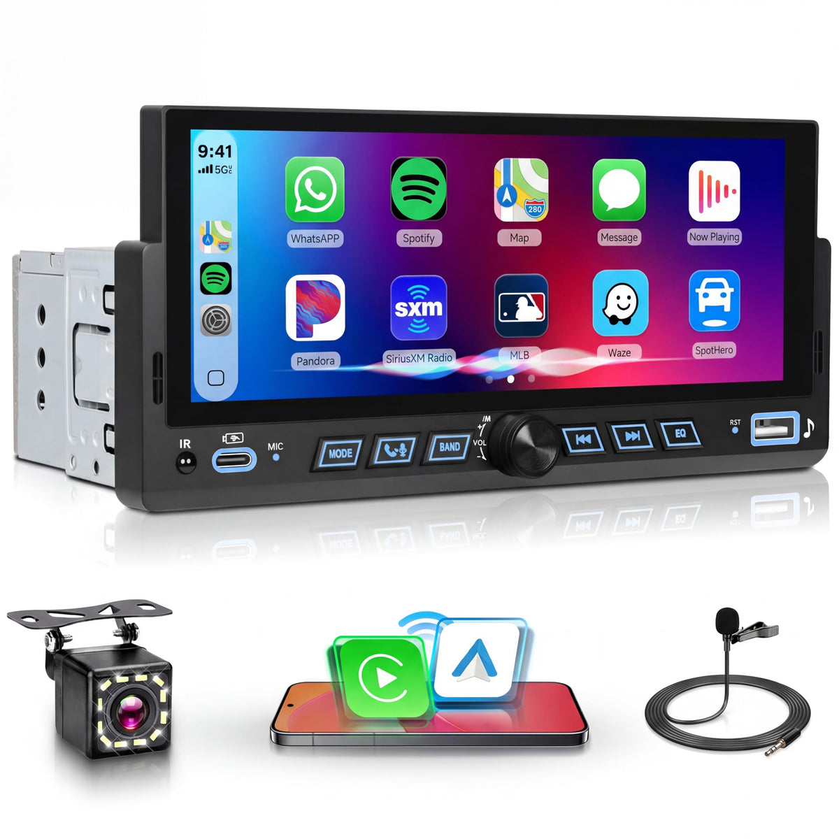 Rimoody 6.86-inch front-view car stereo with wireless CarPlay.