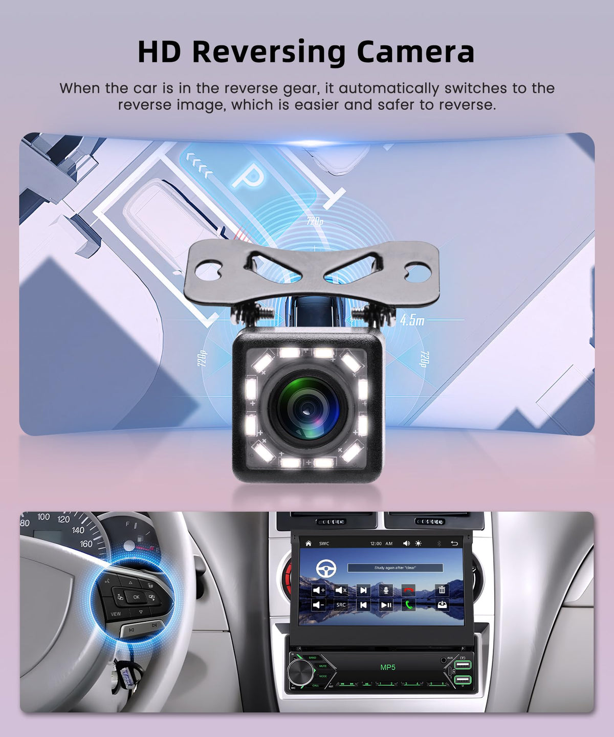 Rimoody rear view camera with 12 LEDs and 170-degree lens aids reversing safely.