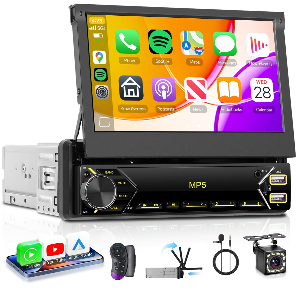 Rimoody single din wireless CarPlay and Android Auto display for seamless smartphone integration.