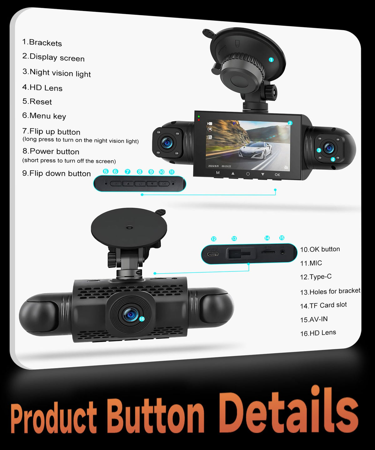 Rimoody dash cam beside a hand to show compact size and discreet fit