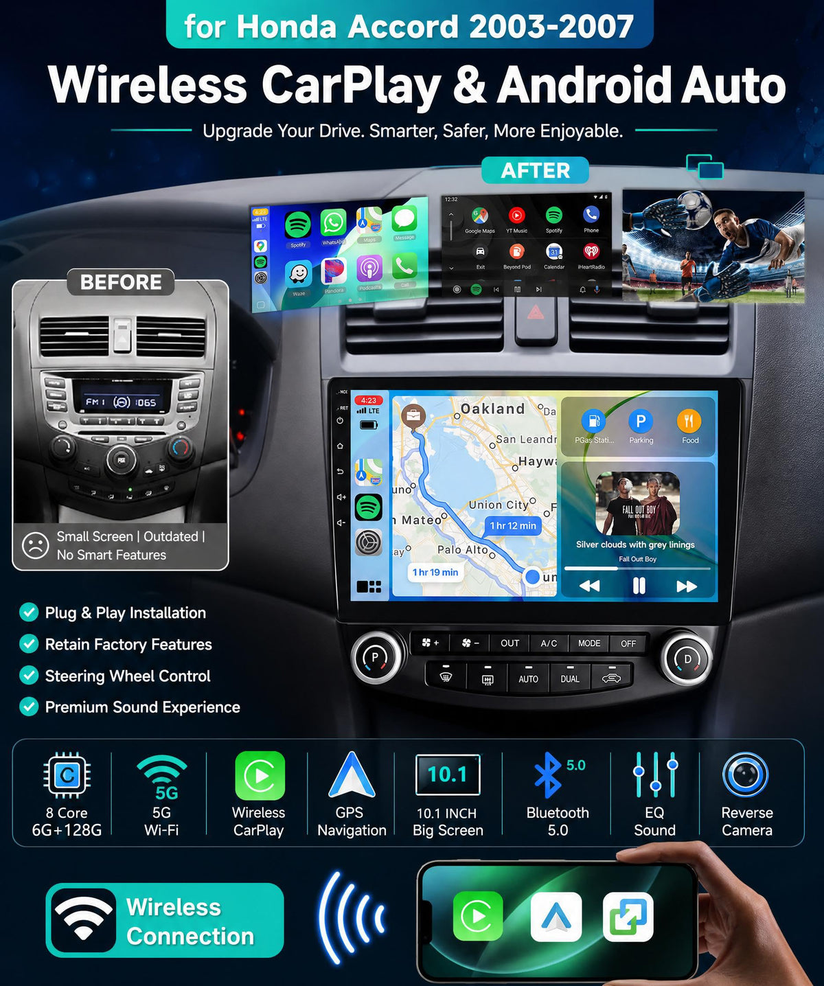 Rimoody wireless CarPlay and Android Auto display simplifies hands-free control.