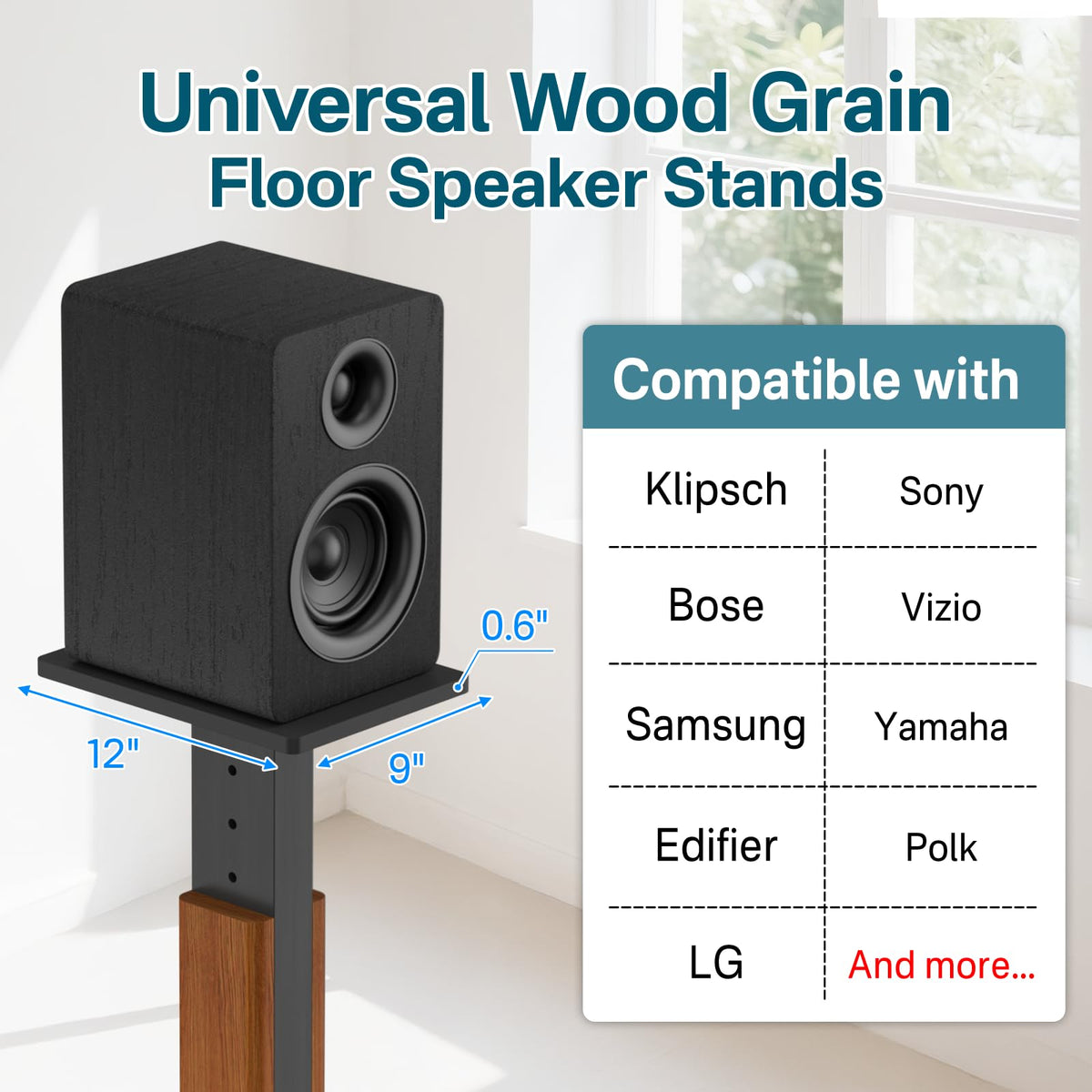 Rimous wood-grain floor stands side angle for a modern home theater.