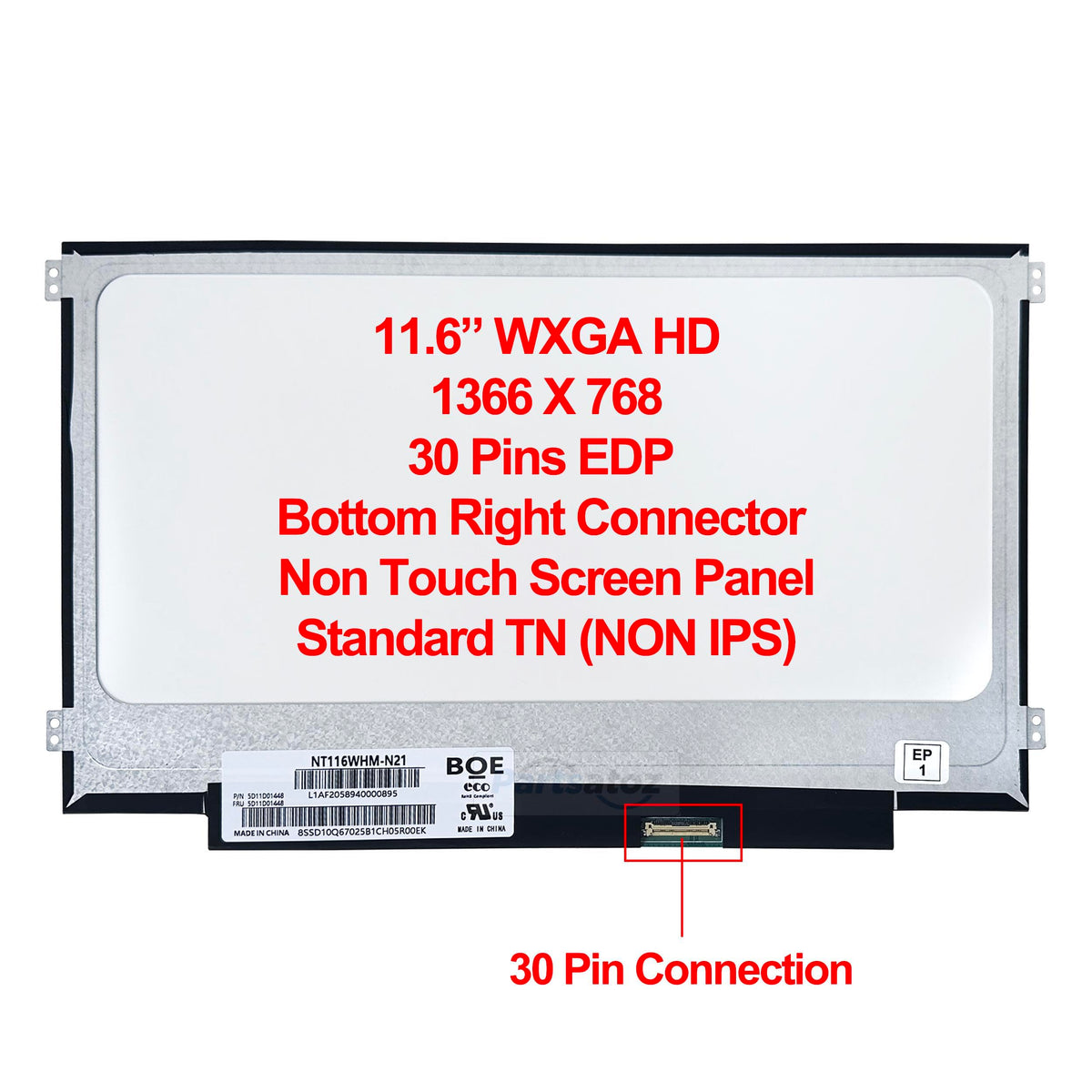 Rinbers 11.6-inch WXGA non-touch screen side connector; reliable plug-in replacement.